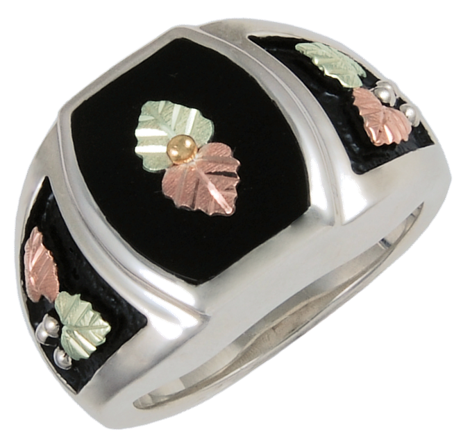 Men's Onyx Barrel Ring, Sterling Silver, 12k Green Gold and Rose Gold Black Hills Gold Motif