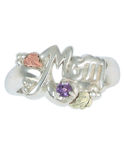 Mom with Amethyst Ring, Sterling Silver, 12k Green and Rose Gold Black Hills Gold Motif