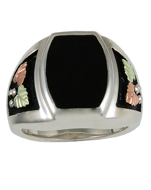 Onyx Barrel Antiqued Ring, Sterling Silver, 12k Green and Rose Gold Black Hills Gold Motif