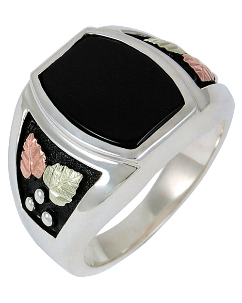 Onyx Barrel Antiqued Ring, Sterling Silver, 12k Green and Rose Gold Black Hills Gold Motif