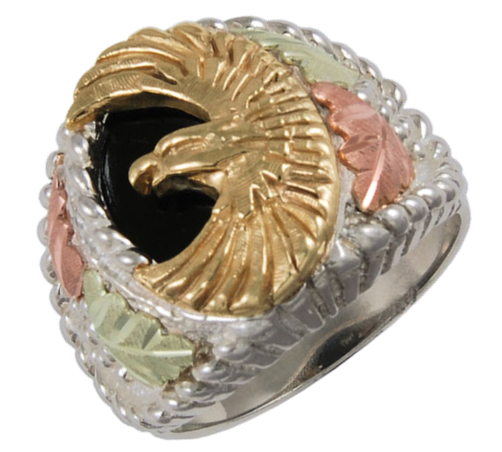 Onyx Eagle Ring, Sterling Silver, 12k Green and Rose Gold Black Hills Gold Motif.