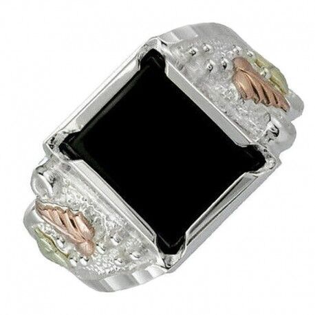 Onyx Square Signet Ring, Sterling Silver, 12k Green Gold, 12k Rose Gold Black Hills Gold Motif