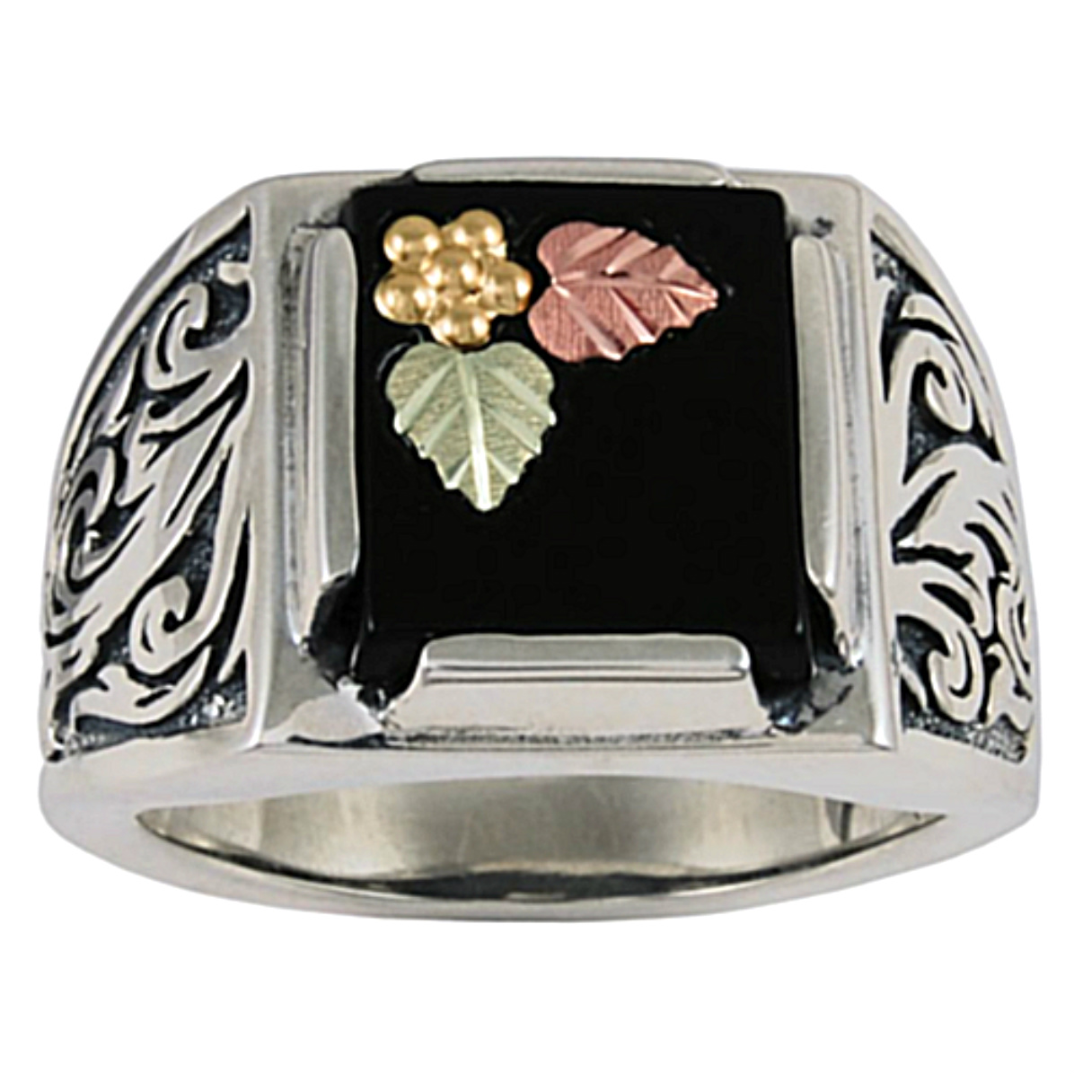 Oxidized Onyx Ring, Sterling Silver, 12k Green and Rose Gold Black Hills Gold Motif