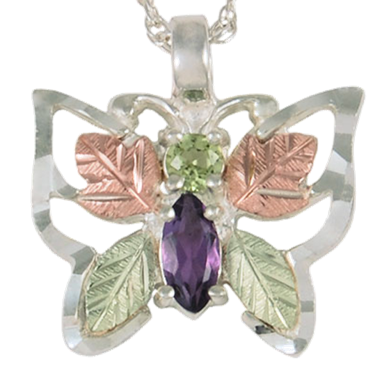 Peridot and Amethyst Butterfly Pendant Necklace, Sterling Silver, 12k Green and Rose Gold Black Hills Gold