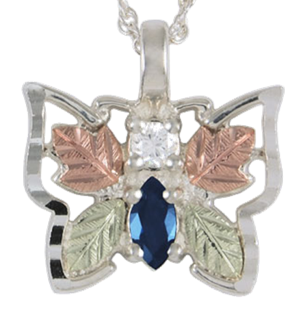 Sapphire and Diamond Butterfly Pendant Necklace, Sterling Silver, 12k Green and Rose Gold Black Hills Gold Motif