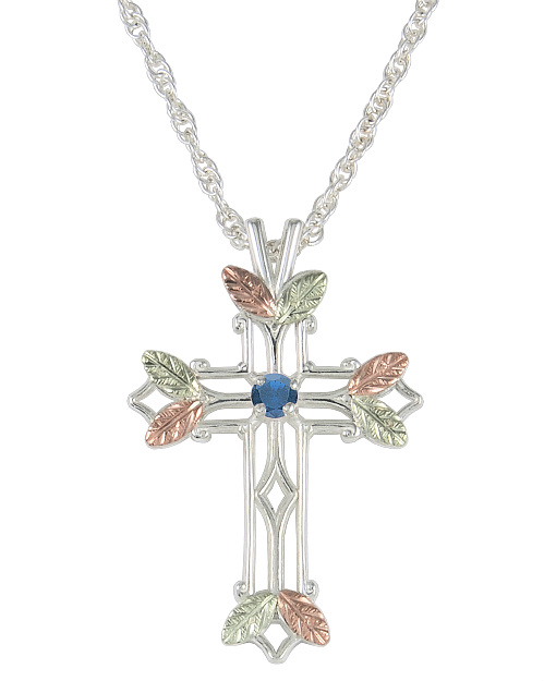 Sapphire Pointed Cross Pendant Necklace, Sterling Silver, 12k Green and Rose Gold Black Hills Gold Motif