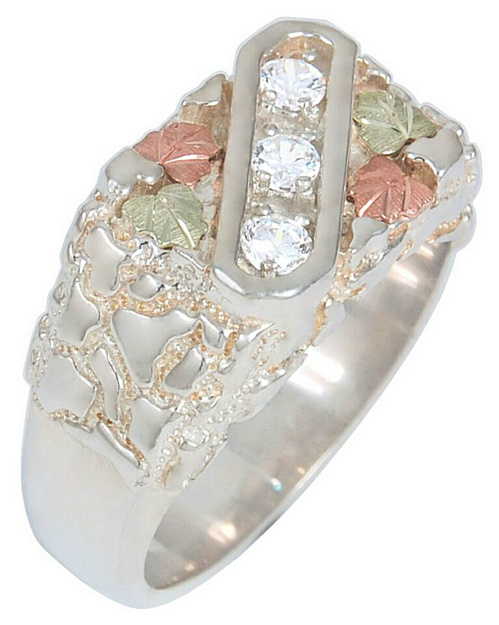 Three Channel-Set CZ Ring, Sterling Silver, 12k Green and Rose Gold Black Hills Gold Motif