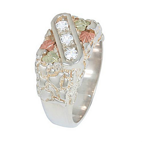 Three Channel-Set CZ Ring, Sterling Silver, 12k Green and Rose Gold Black Hills Gold Motif