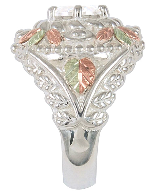 White CZ Round Ring, Sterling Silver, 12k Green and Rose Gold Black Hills Gold Motif