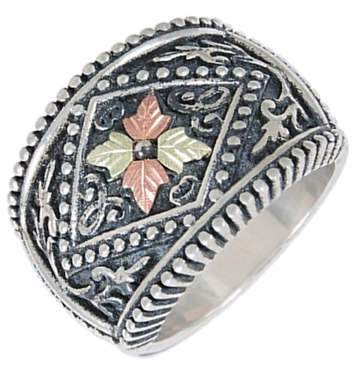 Men's Oxidized Ring, Sterling Silver, 12k Green and Rose Gold Black Hills Gold Motif