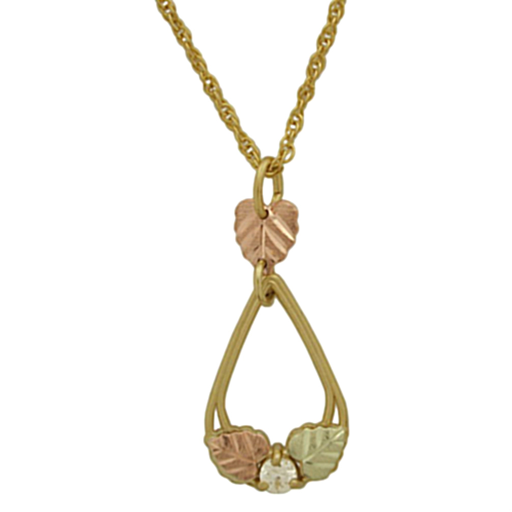 White CZ Tear Drop Pendant Necklace, 10k Yellow Gold, 12k Green and Rose Gold Black Hills Gold Motif