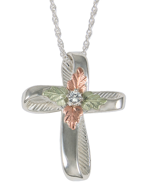 White CZ Twisted Cross Pendant Necklace, Sterling Silver, 12k Green and Rose Gold Black Hills Gold Motif