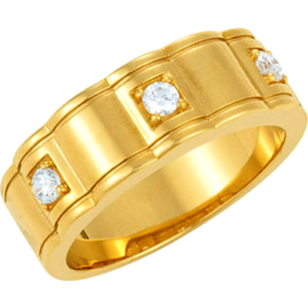 Men's 3 Stone Diamond Scallop Edged 14k Yellow Gold Ring. 