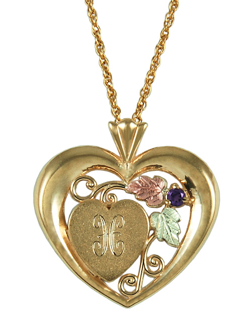 Amethyst Heart Pendant Necklace, 10k Yellow Gold, 12k Green and Rose Gold Black Hills Gold Motif