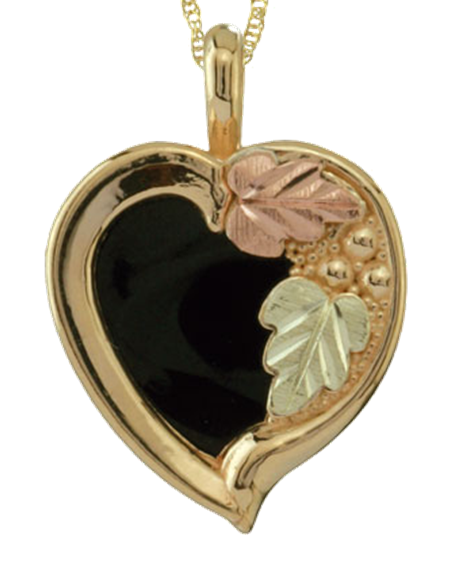 Onyx Heart Pendant Necklace in 10k Yellow Gold, 12k Green and Rose Gold Black Hills Gold Motif