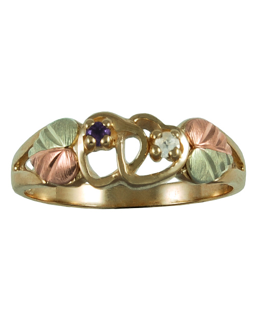 Amethyst and White Zircon Twisted Heart Ring, 10k Yellow Gold, 12k Green and Rose Gold Black Hills Gold Motif