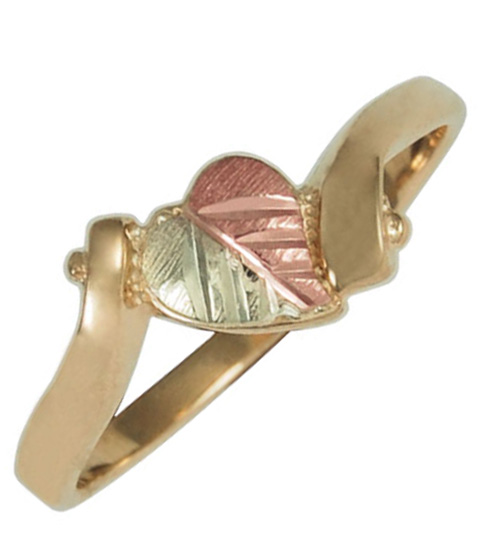 Bypass Grape Leaf Heart Ring, 10k Yellow Gold, 12k Rose and Green Gold, Black Hills Gold Motif.