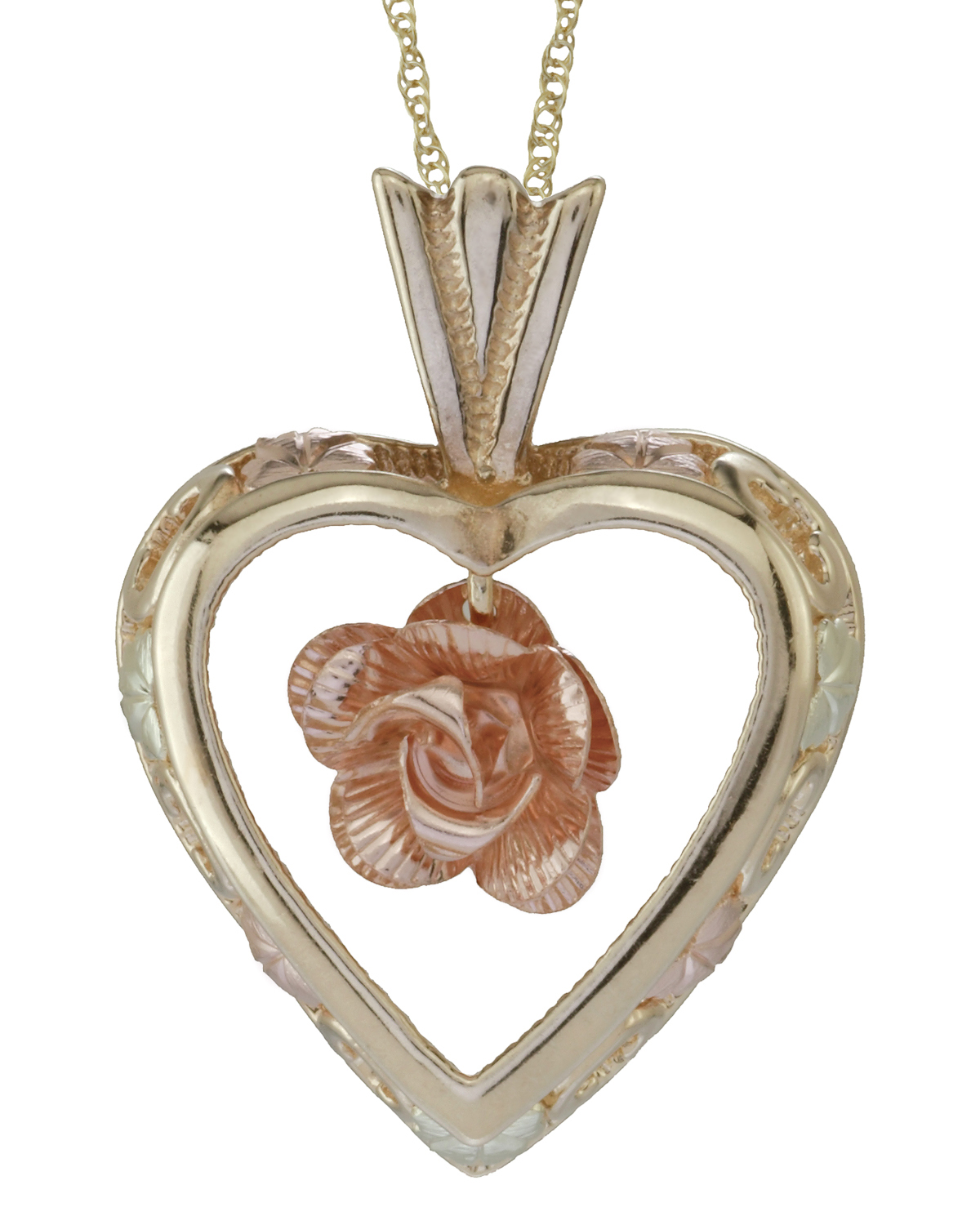 Floating Rose Heart Pendant Necklace, 10k Yellow Gold, 12k Rose Gold, 12k Green Gold Black Hills Gold Motif