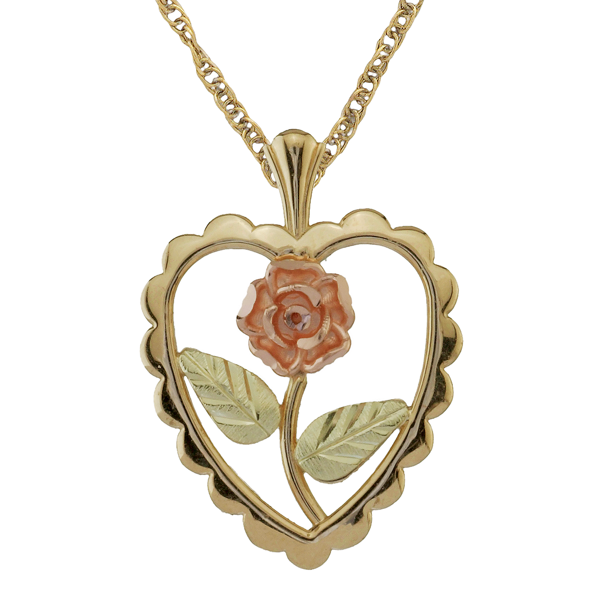 Black Hills Gold scalloped heart necklace with rose flower inside cut-out crafted in 10k yellow gold, 12k rose gold and 12k green gold.