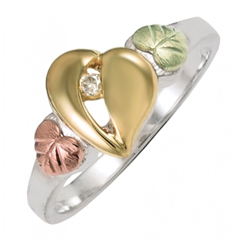 10k Yellow Gold Diamond Heart Ring, Sterling Silver, 12k Rose and Green Gold Black Hills Gold Motif (.017 Cttw, JK Color, I1/I2 Clarity)