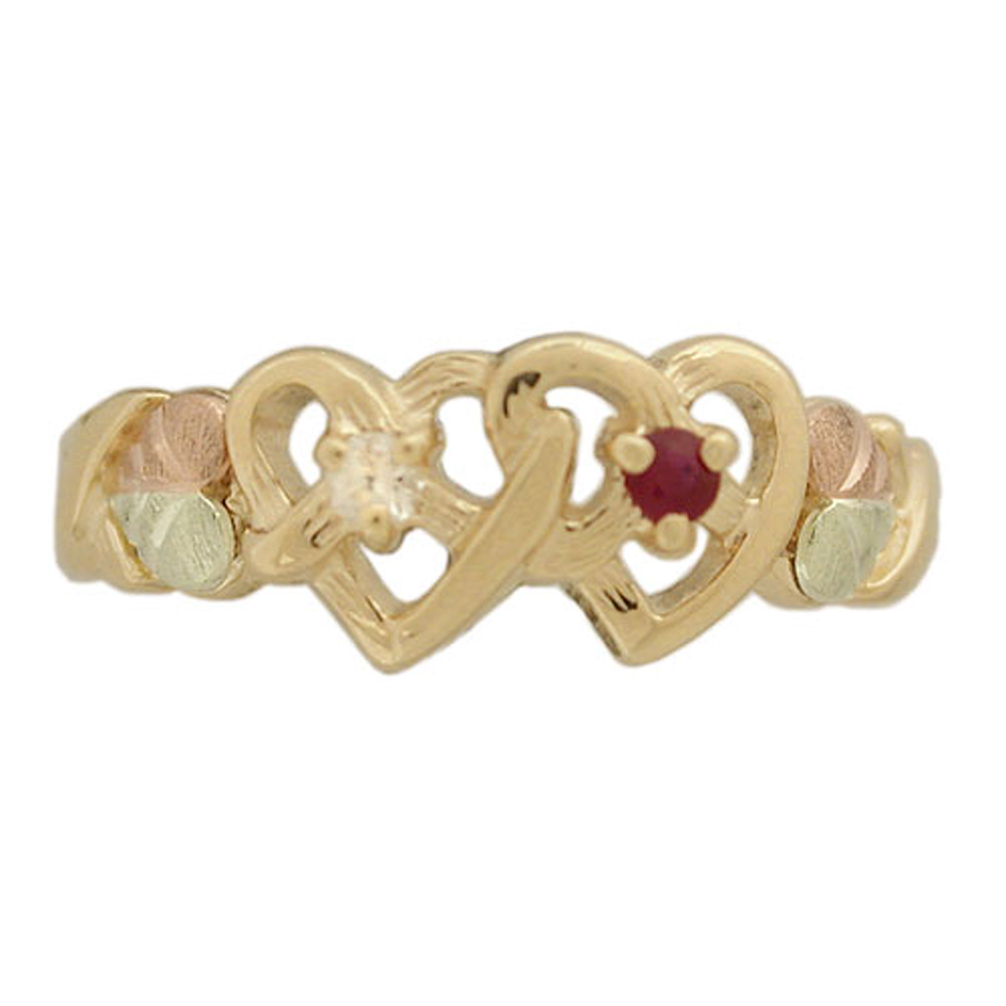 Ruby and CZ Double Heart Ring, 10k Yellow Gold, 12k Green and Rose Gold Black Hills Gold Motif