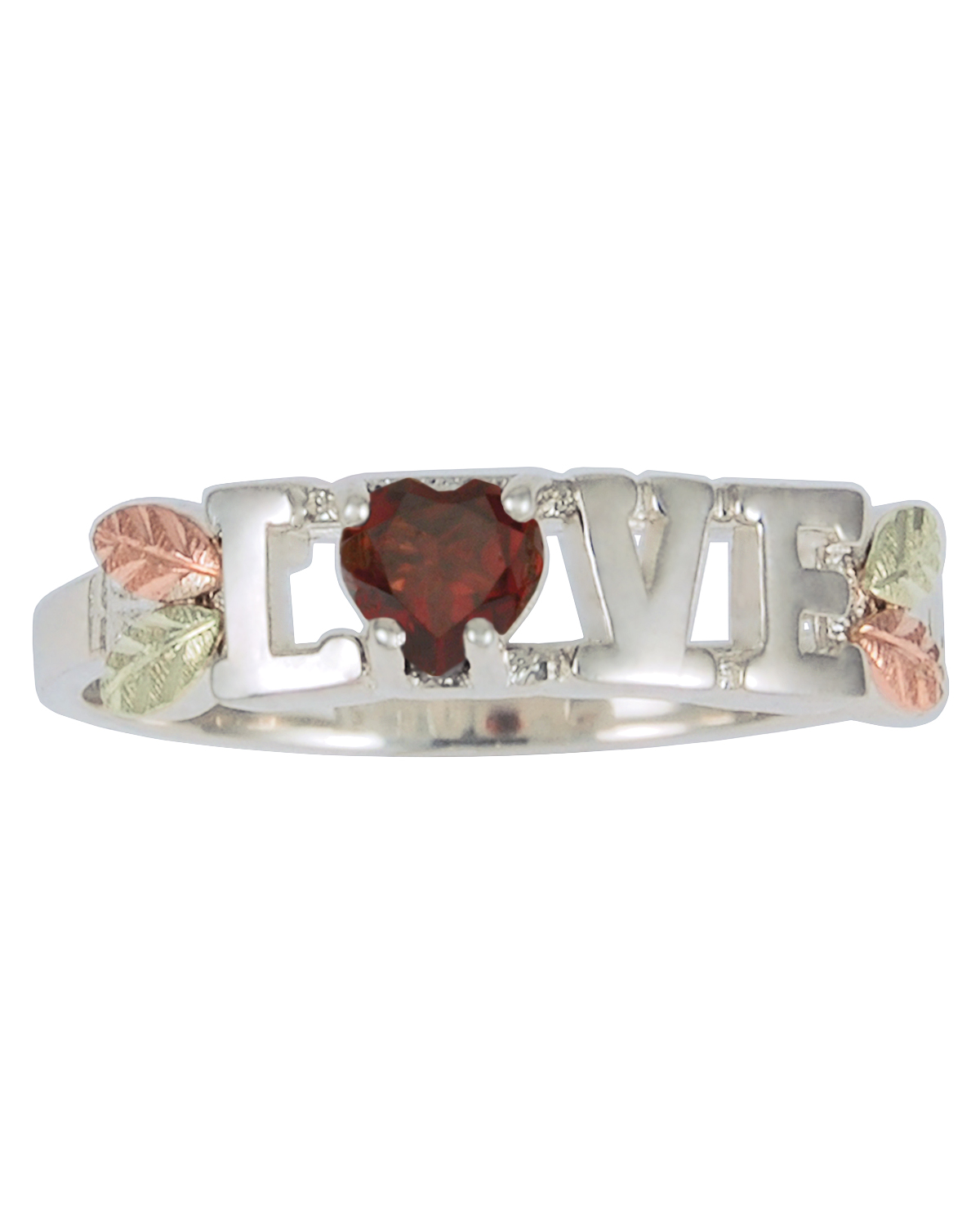 Garnet 'Love' Heart Ring, Sterling Silver, 12k Green and Rose Gold Black Hills Gold.