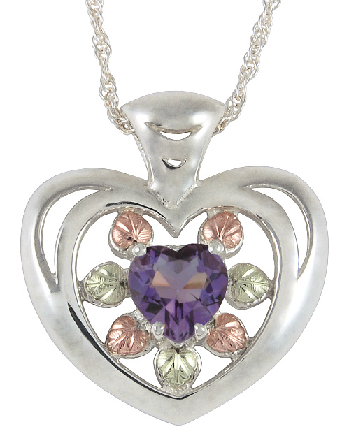 Amethyst Heart Pendant Necklace, Sterling Silver, 12k Green and Rose Gold Black Hills Gold Motif