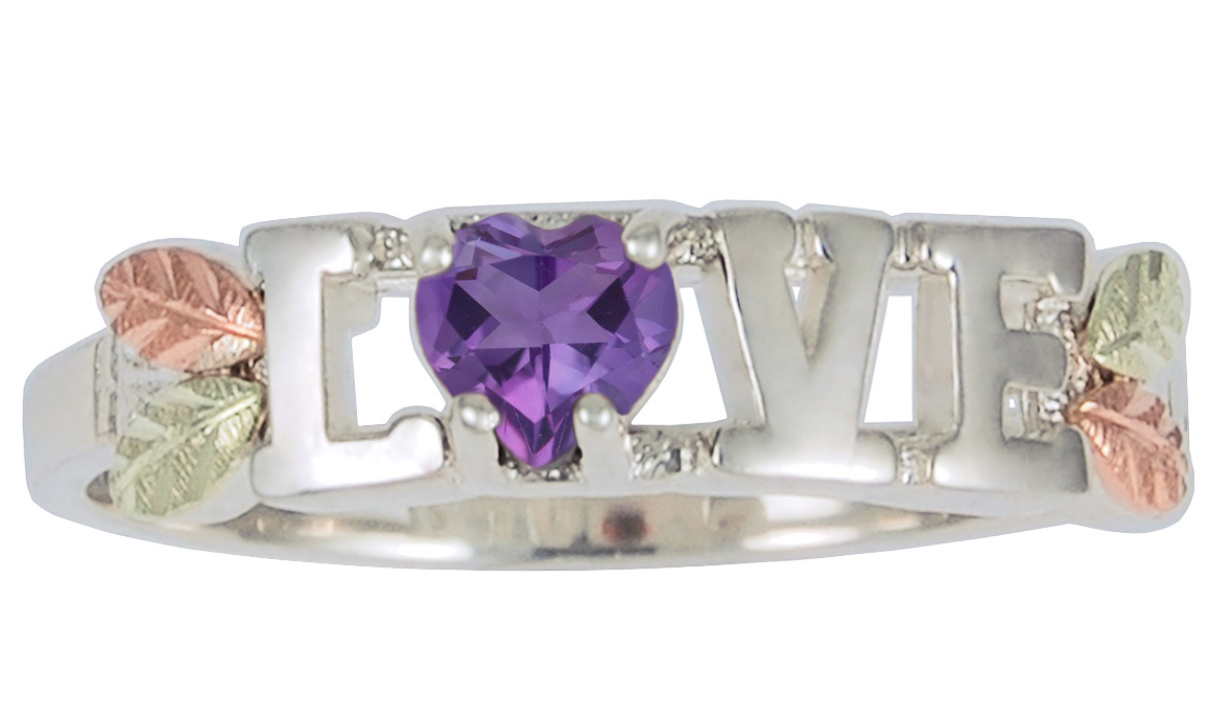 Amethyst Heart 'Love' Ring, Sterling Silver, 12k Green and Rose Gold Black Hills Gold Motif