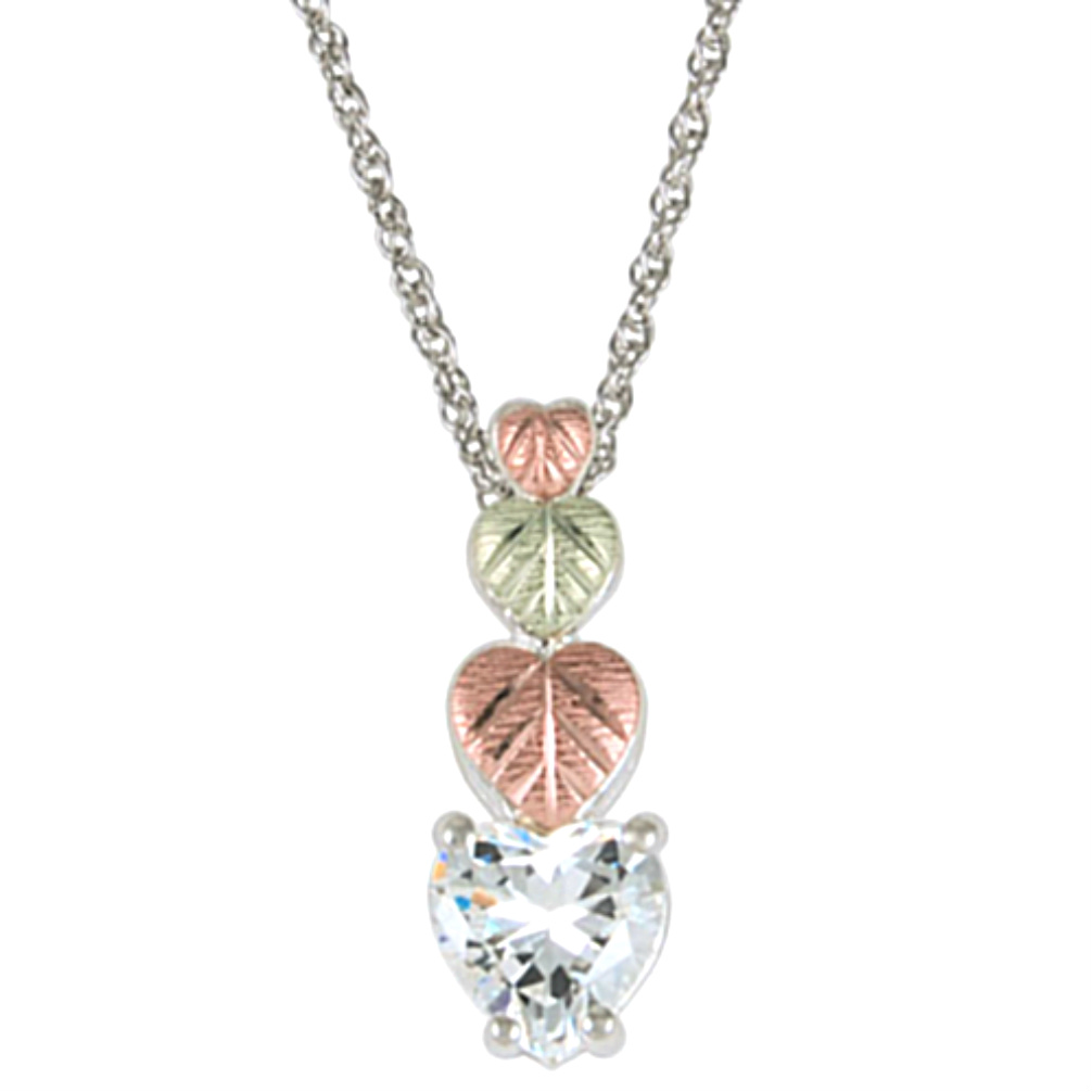 CZ Heart Pendant Necklace, Sterling Silver, 12k Green and Rose Black Hills Gold Motif