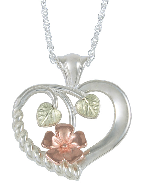 Heart and Flower Pendant Necklace, Sterling Silver, 12k Green and Rose Gold Black Hills Gold Motif