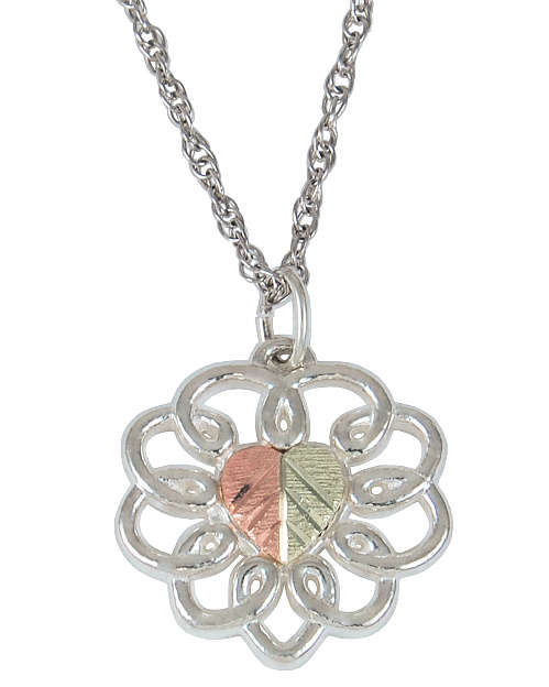 Heart Flower Pendant Necklace, Sterling Silver, 12k Green and Rose Gold Black Hills Gold Motif