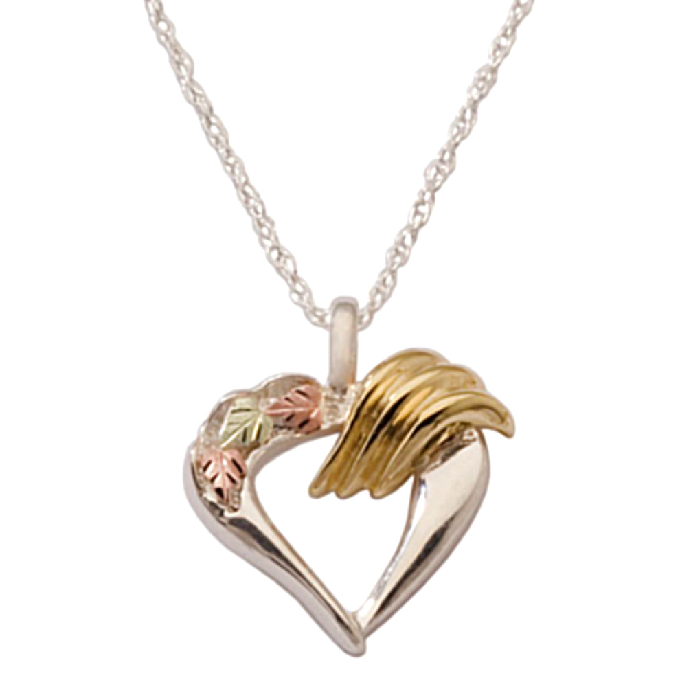 Heart Pendant Necklace, Sterling Silver, 12k Green and Rose Gold Black Hills Gold Motif