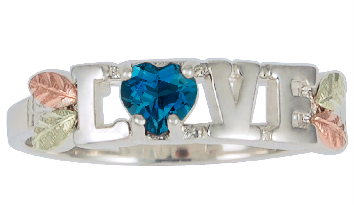 London Blue Topaz Heart 'Love' Ring, Sterling Silver on Black HIlls Gold