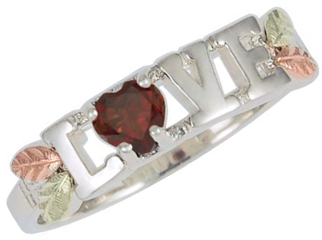 Garnet Heart Love Ring, Sterling Silver, 12k Green Gold, 12k Rose Gold Black Hills Gold Motif