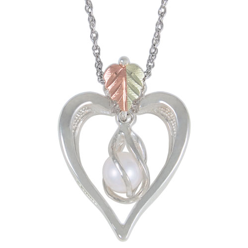 Pearl Heart Pendant Necklace, Sterling Silver, 12k Rose Gold, 12k Green Gold Black Hills Gold Motif