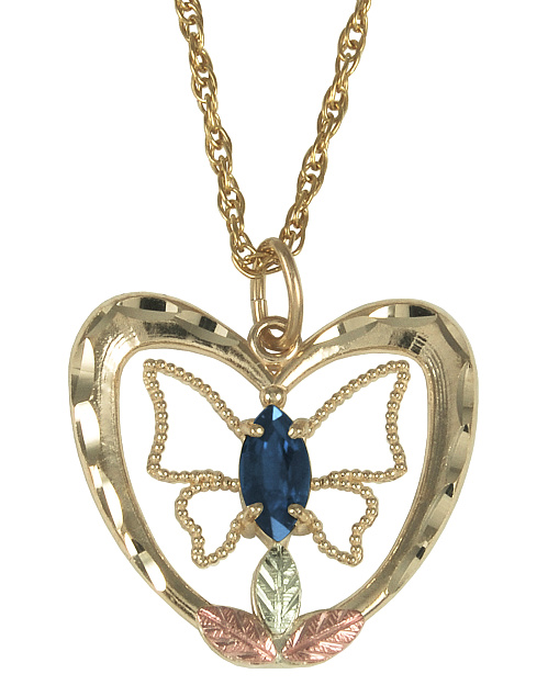 Sapphire Heart and Butterfly Pendant Necklace, 10k Yellow Gold, 12k Rose and Green Gold Black Hills Gold Motif