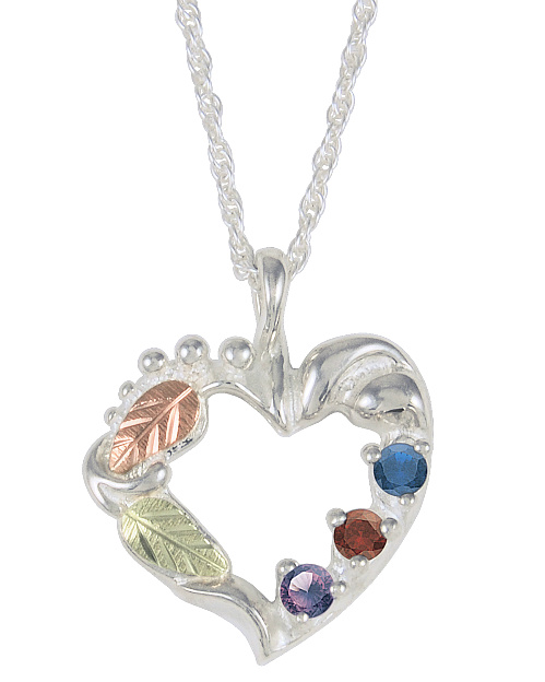 Amethyst, Smoky Quartz, Sapphire Heart Pendant Necklace, Sterling Silver, 12k Green and Rose Gold Black Hills Gold Motif