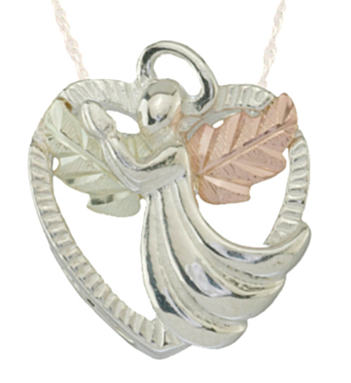 Angel Heart Pendant Necklace, Sterling Silver, 12k Green and Rose Gold Black Hills Gold Motif