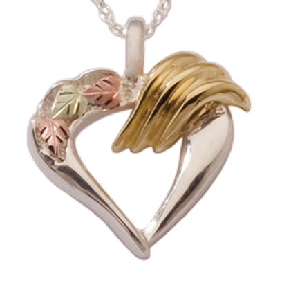 Heart Pendant Necklace, Sterling Silver, 12k Green and Rose Gold Black Hills Gold Motif