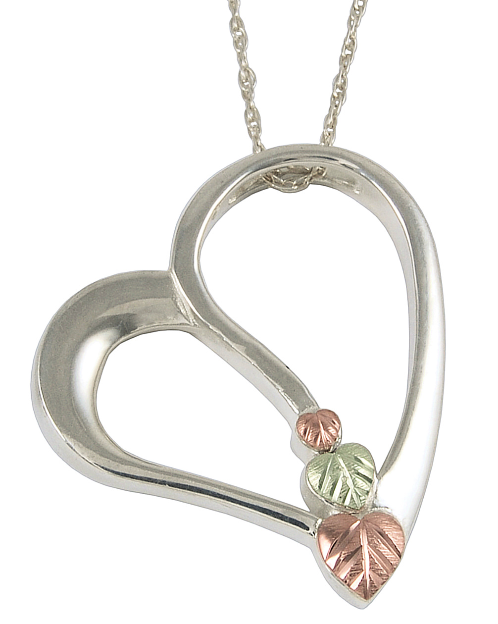 Heart Pendant Necklace, Sterling Silver, 12k Green and Rose Gold Black Hills Gold Motif