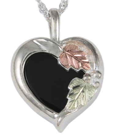 Onyx Heart Pendant Necklace in Sterling Silver, 12k Green and Rose Gold Black Hills Gold Motif