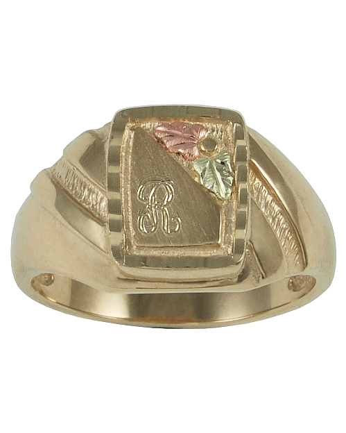 Initial 'R' Engraved Ring, 10k Yellow Gold, 12k Green and Rose Gold Black Hills Gold Motif.