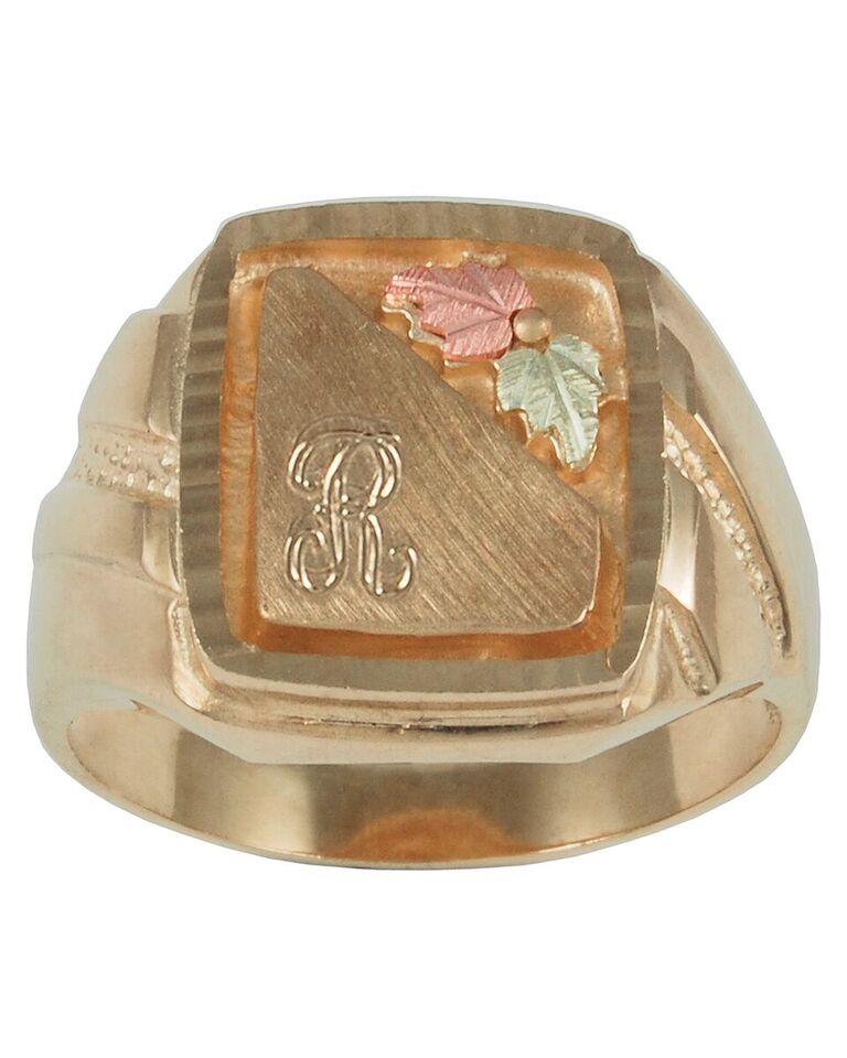 Men's Initial 'R' Signate Ring, 10k Yellow Gold, 12k Green and Rose Gold Black Hills Gold Motif.