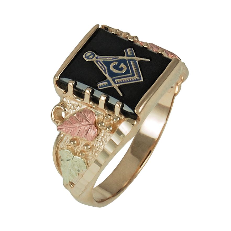 10k yellow gold Freemasons ring with 10k yellow gold and blue Masonic emblem accented with 12k red gold and 12k green gold.