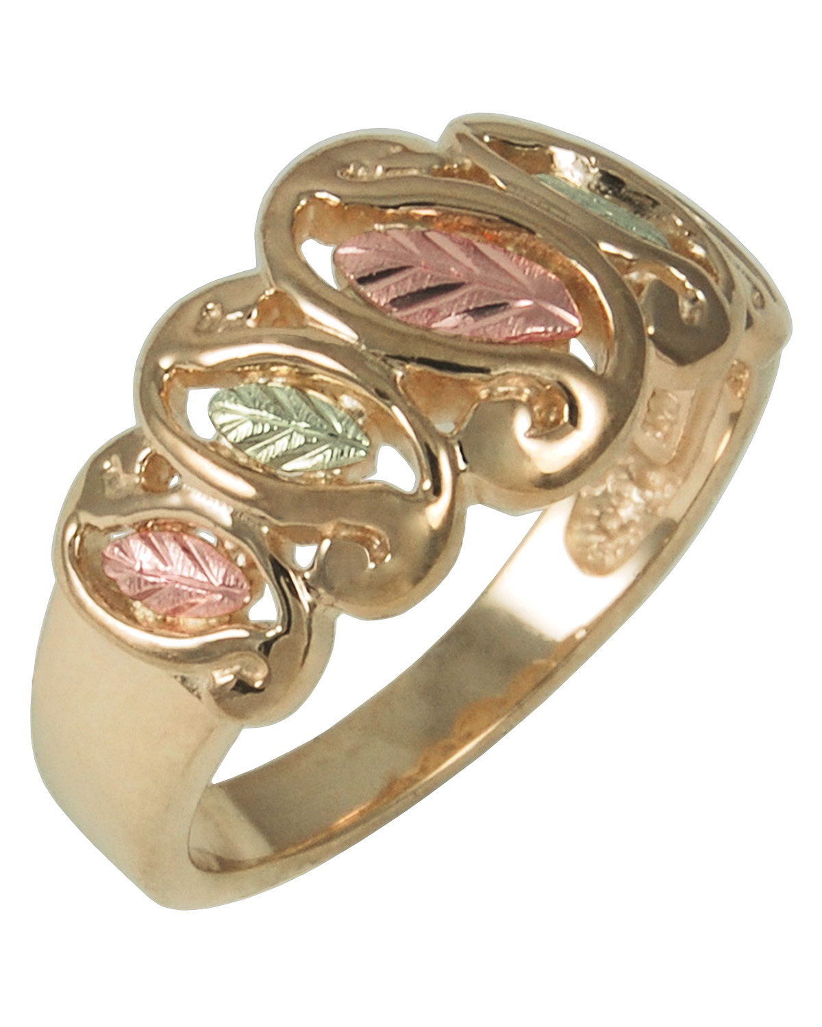 Fancy 10k Yellow Gold Band, 12k Rose Gold, 12k Green Gold Black Hills Gold Motif.