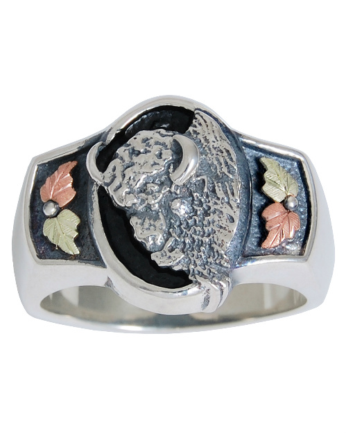 Buffalo Oxidized Ring, Sterling Silver, 12k Green and Rose Gold Black Hills Gold Motif