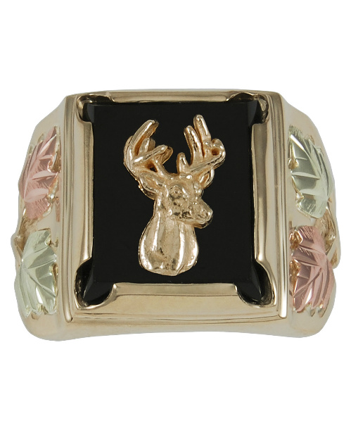 Men's Deer Onyx Rectangle Ring, 10k Yellow Gold, 12k Green and Rose Gold Black Hills Gold Motif.