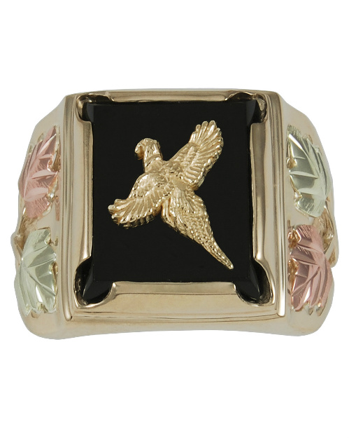 Men's Pheasant Onyx Rectangle Ring, 10k Yellow Gold, 12k Green and Rose Gold Black Hills Gold Motif.