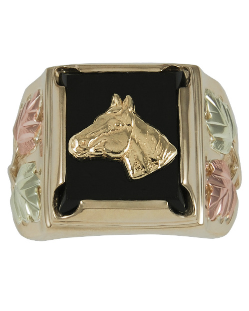 Men's Horse Onyx Rectangle Ring, 10k Yellow Gold, 12k Green and Rose Gold Black Hills Gold Motif.