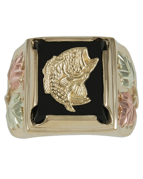 Men's Fish Onyx Rectangle Ring, 10k Yellow Gold, 12k Green and Rose Gold Black Hills Gold Motif.